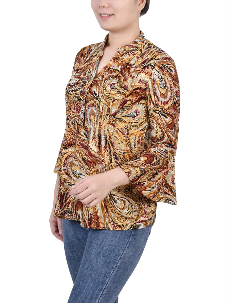 Multi Grey Peacock 3/4 Bell Sleeve Pleat Front Y Neck Top
